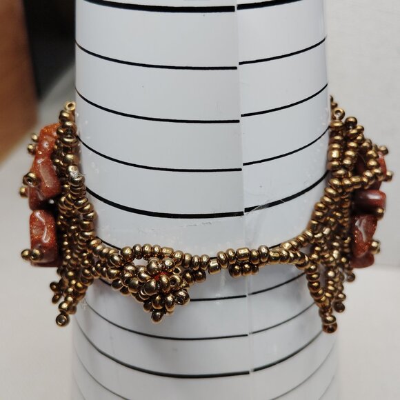 Artisan Bead‑Woven Goldstone Statement Bracelet - Picture 2 of 7
